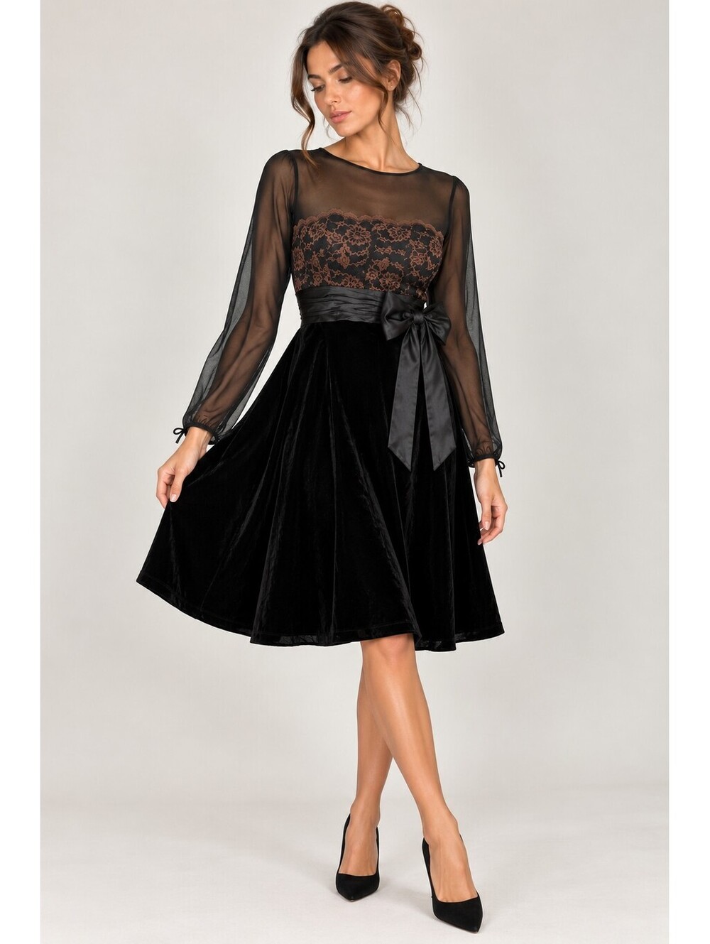 Vintage Talbots Black Velvet Lace Maxi Dress Sheer Mesh Bow Size 8 Dark Romantic
